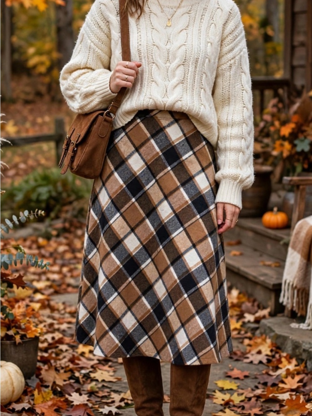 Plaid A-Line Midi Skirt in Brown and Cream